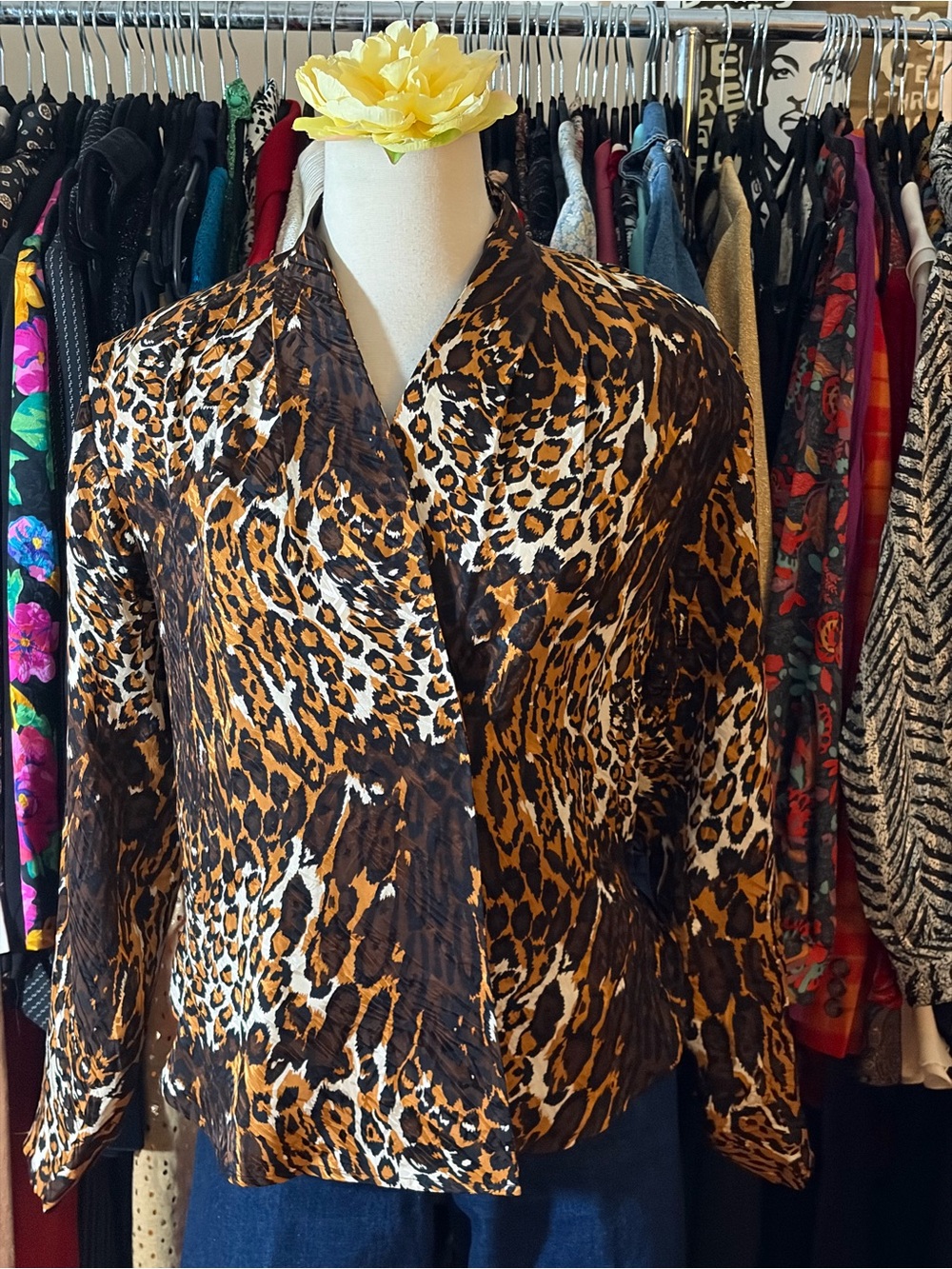 VTG 80s Flora Kung NY 100% Silk Leopard Print Wrap Blouse Draped Top Size 4